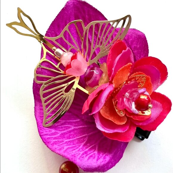 Artist Made ECSTATIC Pink Red Party Festival Rave Flower Hair Decor Clip Tassel - Picture 3 of 7